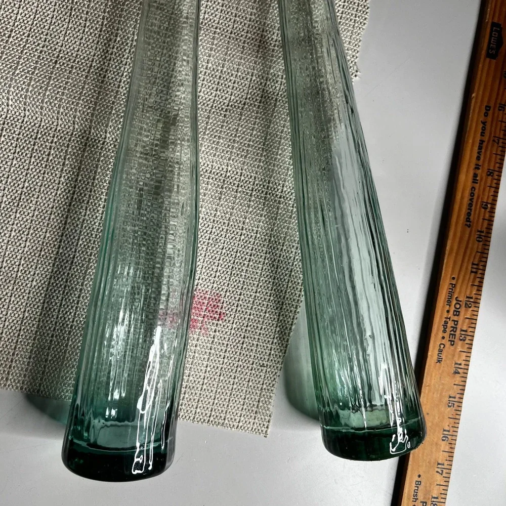 Vintage‎ Tall Green Textured Glass Bud Vases Pair 18.5 Inch Ribbed Tapered Set 2